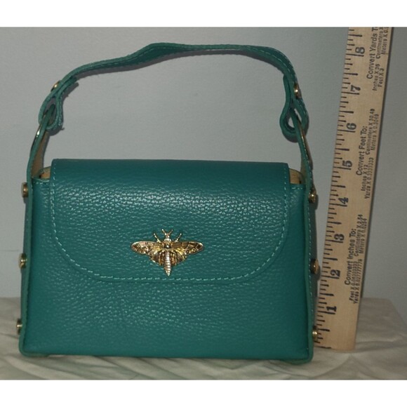 Vera Pelle Green Handbag Bee Clasp Purse Pebbled Leather Made in Italy - Picture 3 of 12